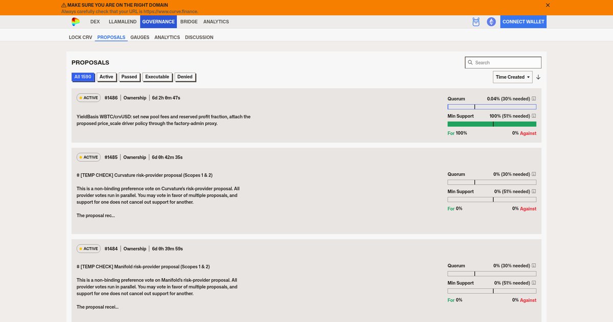 Screenshot of the Curve DAO proposals page used for on-chain governance voting